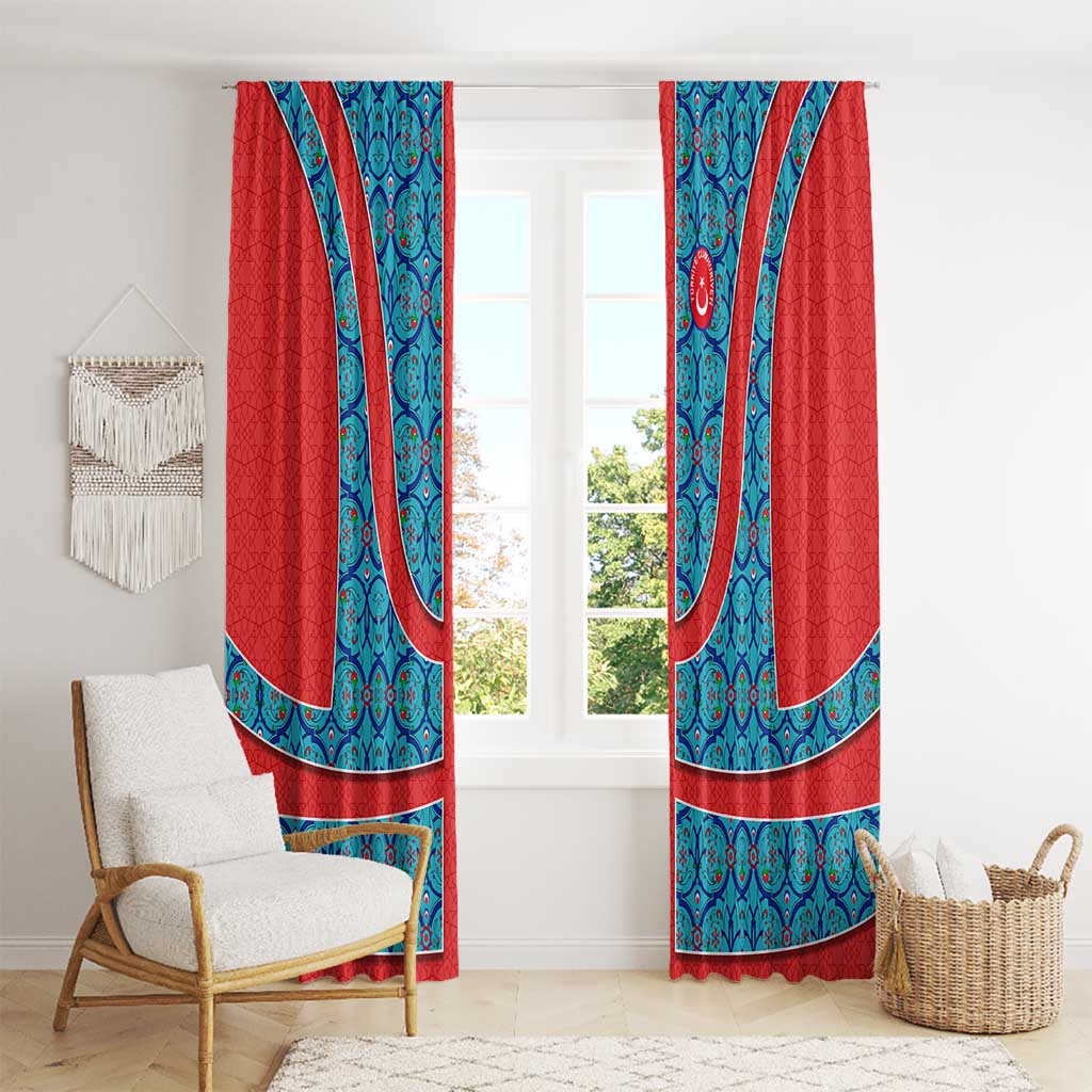 Blue Turkish Traditional Pattern and Red Window Curtain with National Flag Emblem