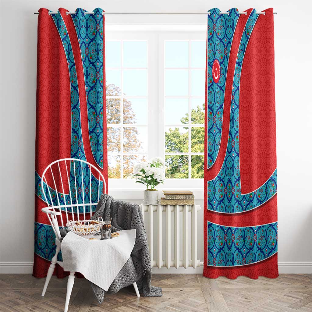 Blue Turkish Traditional Pattern and Red Window Curtain with National Flag Emblem