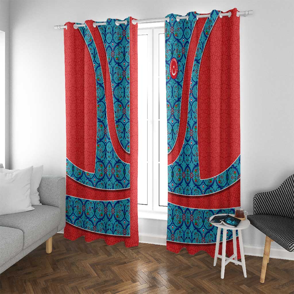 Blue Turkish Traditional Pattern and Red Window Curtain with National Flag Emblem