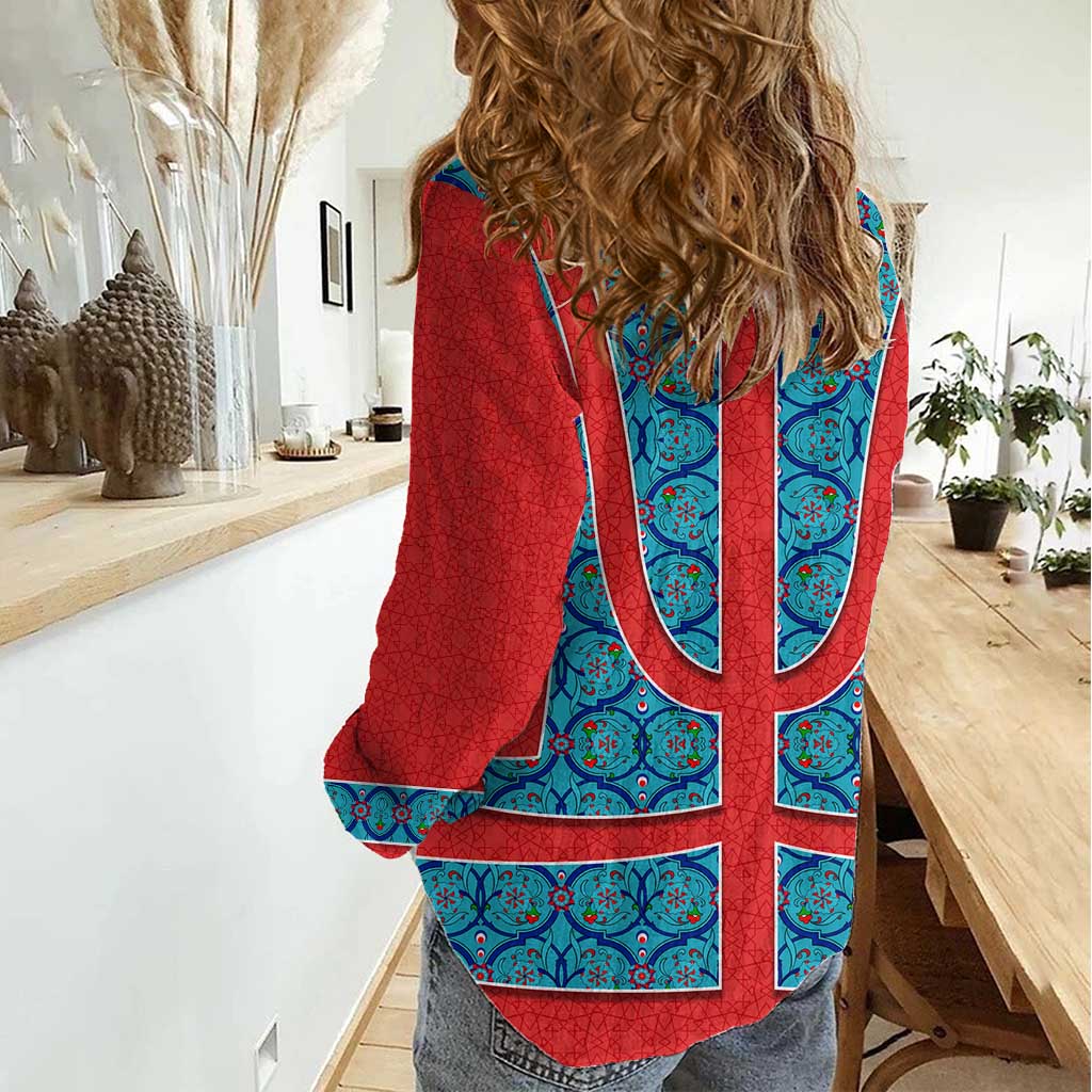 Blue Turkish Traditional Pattern and Red Women Casual Shirt with National Flag Emblem