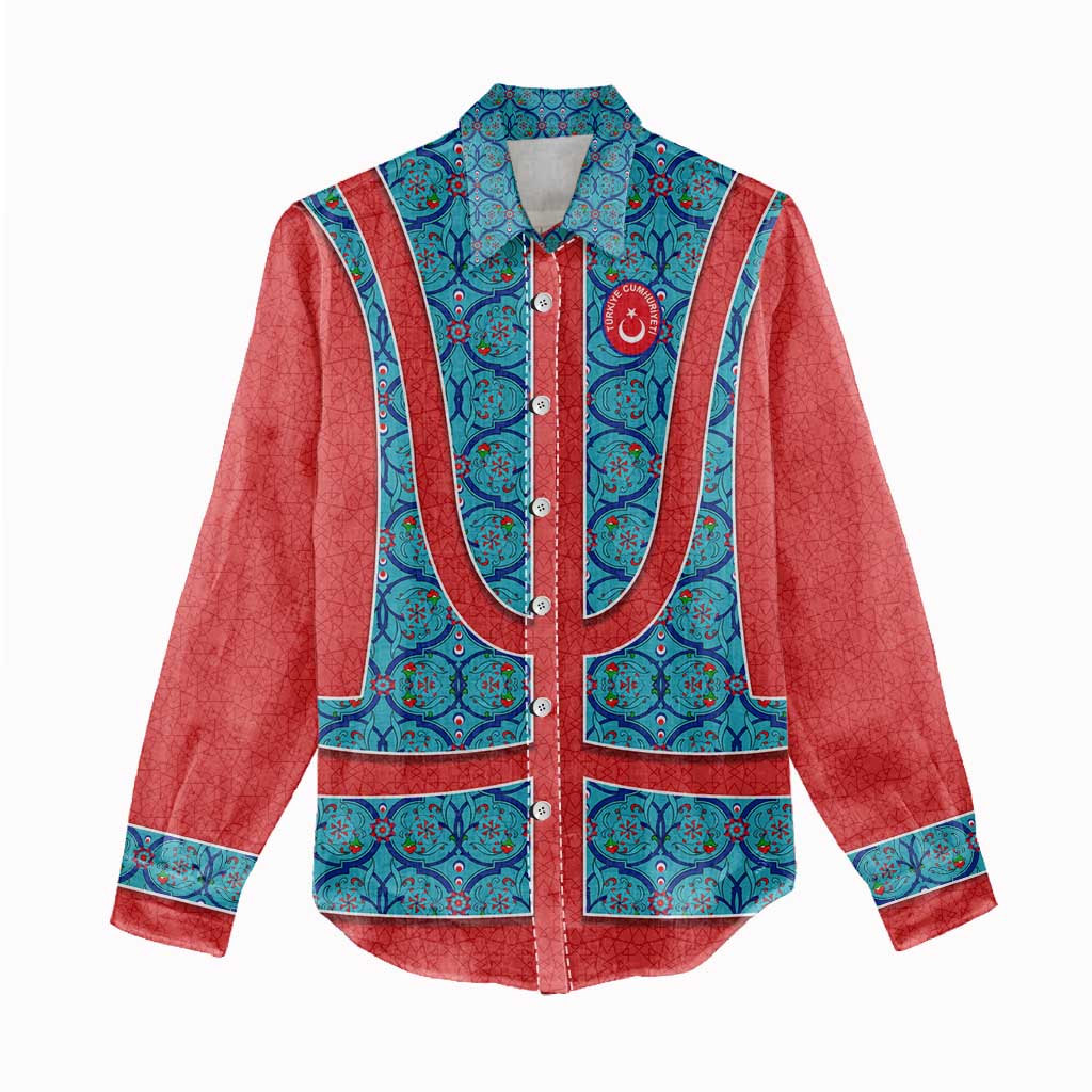 Blue Turkish Traditional Pattern and Red Women Casual Shirt with National Flag Emblem
