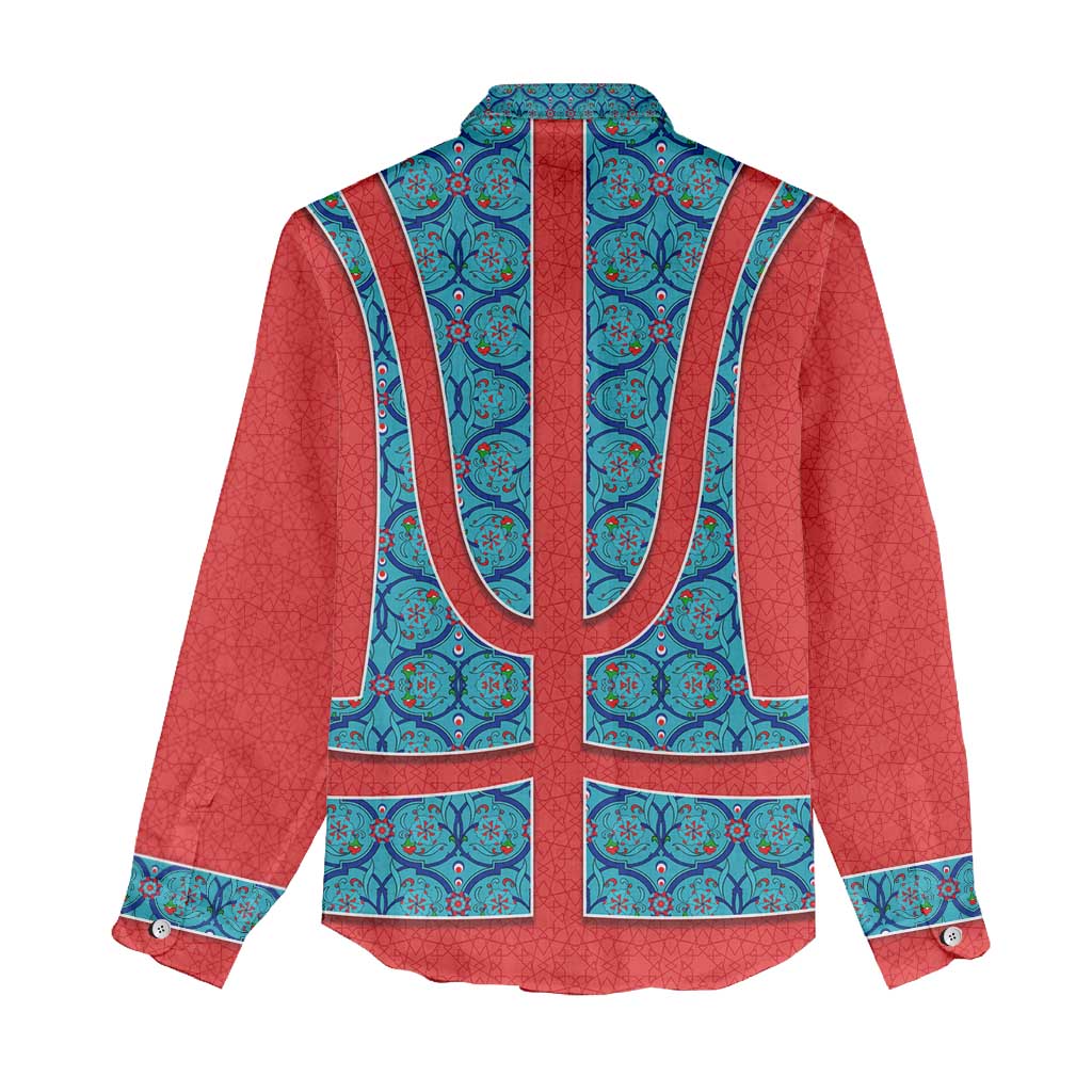 Blue Turkish Traditional Pattern and Red Women Casual Shirt with National Flag Emblem