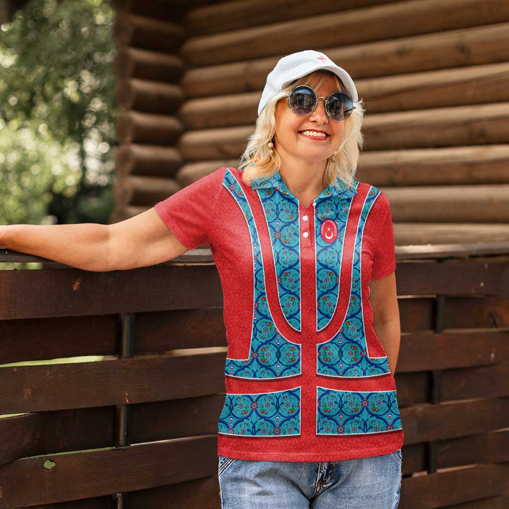 Blue Turkish Traditional Pattern and Red Women Polo Shirt with National Flag Emblem