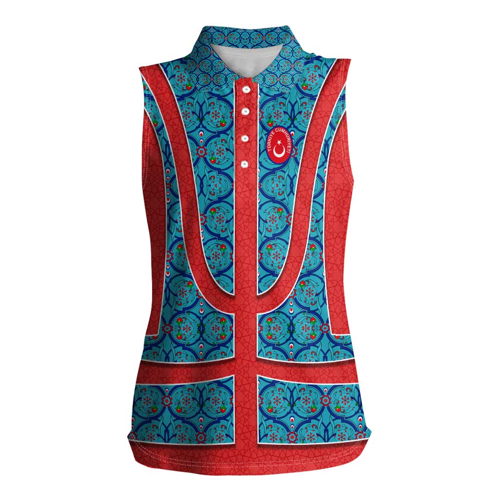 Blue Turkish Traditional Pattern and Red Women Sleeveless Polo Shirt with National Flag Emblem