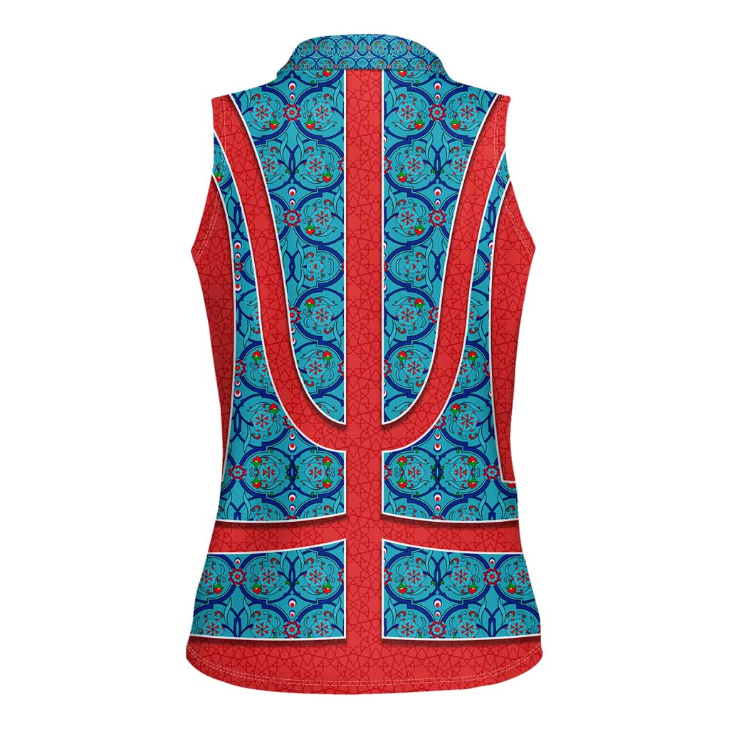Blue Turkish Traditional Pattern and Red Women Sleeveless Polo Shirt with National Flag Emblem