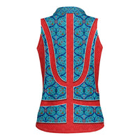 Blue Turkish Traditional Pattern and Red Women Sleeveless Polo Shirt with National Flag Emblem