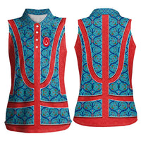 Blue Turkish Traditional Pattern and Red Women Sleeveless Polo Shirt with National Flag Emblem
