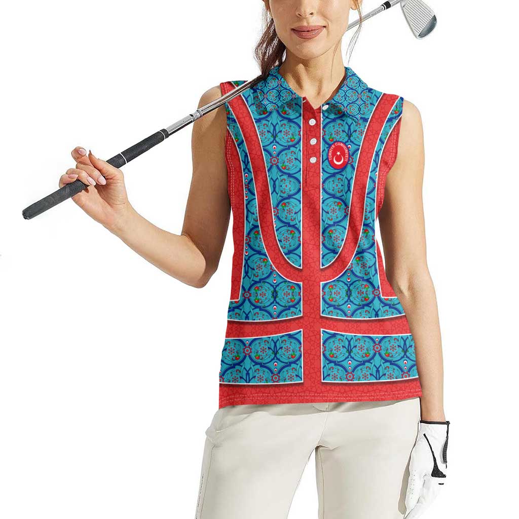 Blue Turkish Traditional Pattern and Red Women Sleeveless Polo Shirt with National Flag Emblem
