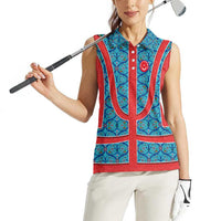Blue Turkish Traditional Pattern and Red Women Sleeveless Polo Shirt with National Flag Emblem