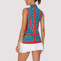 Blue Turkish Traditional Pattern and Red Women Sleeveless Polo Shirt with National Flag Emblem