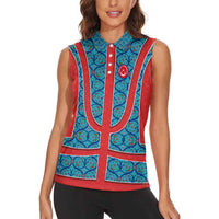 Blue Turkish Traditional Pattern and Red Women Sleeveless Polo Shirt with National Flag Emblem