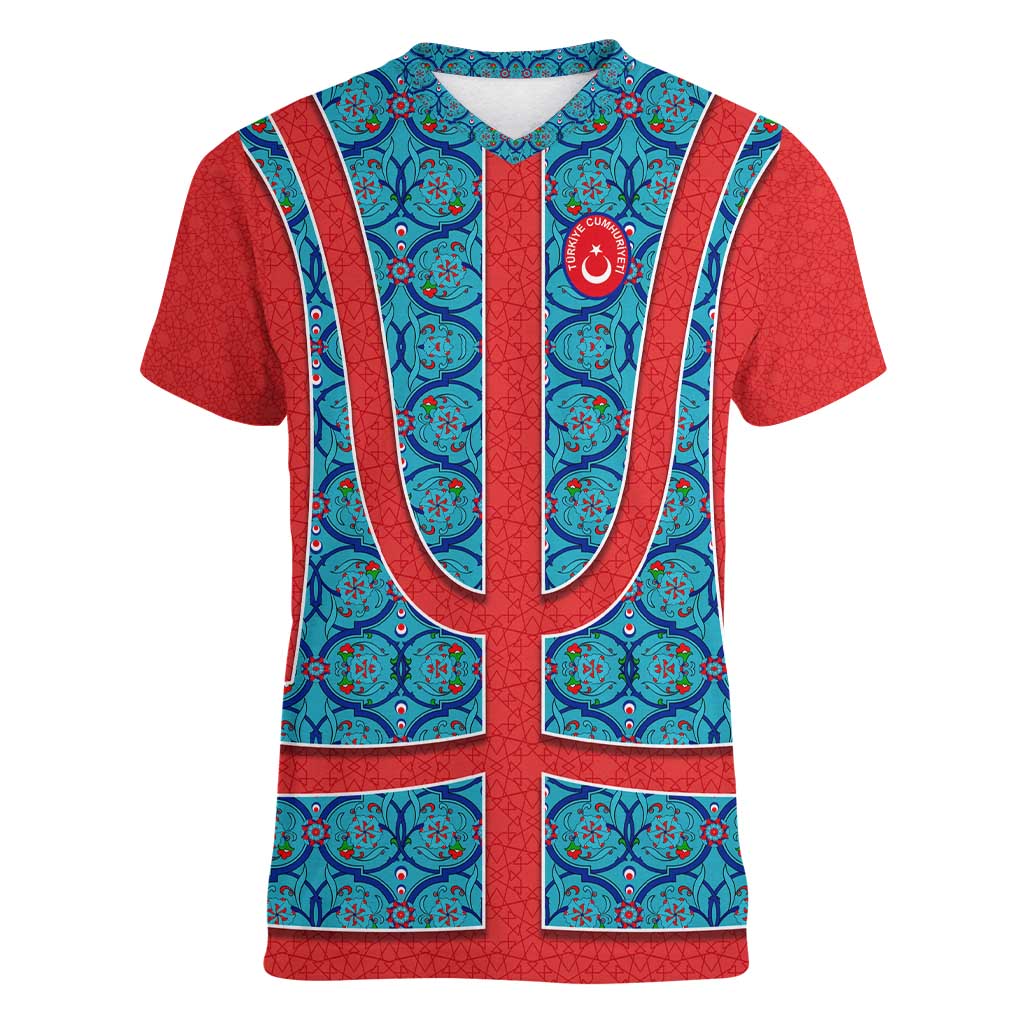 Blue Turkish Traditional Pattern and Red Women V-Neck T-Shirt with National Flag Emblem
