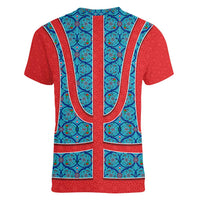 Blue Turkish Traditional Pattern and Red Women V-Neck T-Shirt with National Flag Emblem
