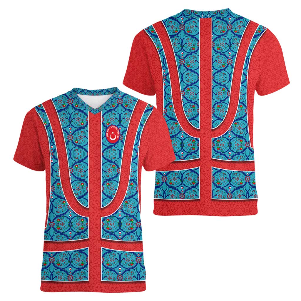 Blue Turkish Traditional Pattern and Red Women V-Neck T-Shirt with National Flag Emblem