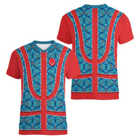 Blue Turkish Traditional Pattern and Red Women V-Neck T-Shirt with National Flag Emblem