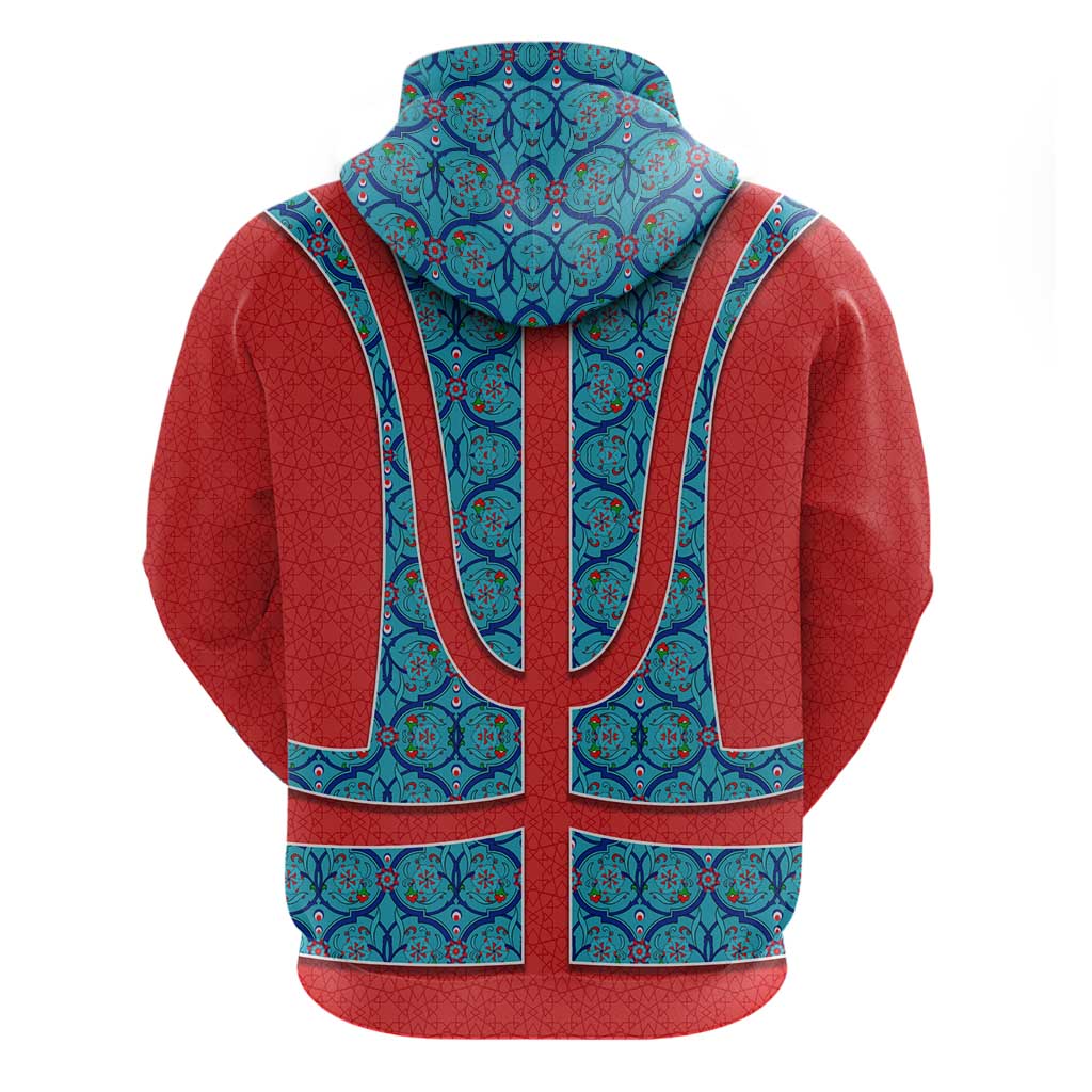 Blue Turkish Traditional Pattern and Red Zip Hoodie with National Flag Emblem