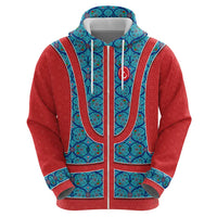 Blue Turkish Traditional Pattern and Red Zip Hoodie with National Flag Emblem
