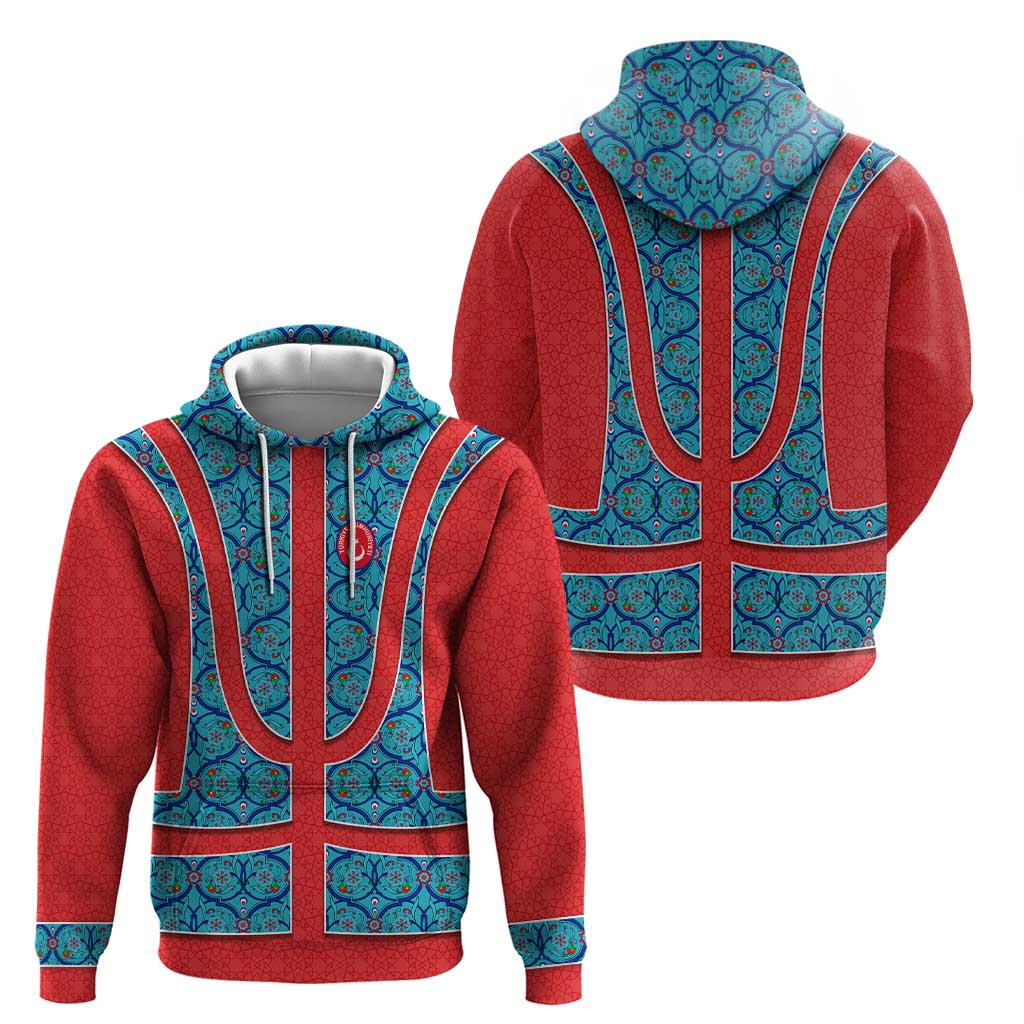 Blue Turkish Traditional Pattern and Red Zip Hoodie with National Flag Emblem