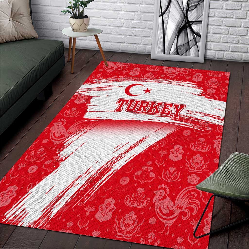 Turkey National Flag and Pattern Design Area Rug with Red Brush Stroke Effect