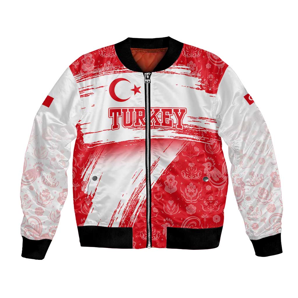 Turkey National Flag and Pattern Design Bomber Jacket with Red Brush Stroke Effect