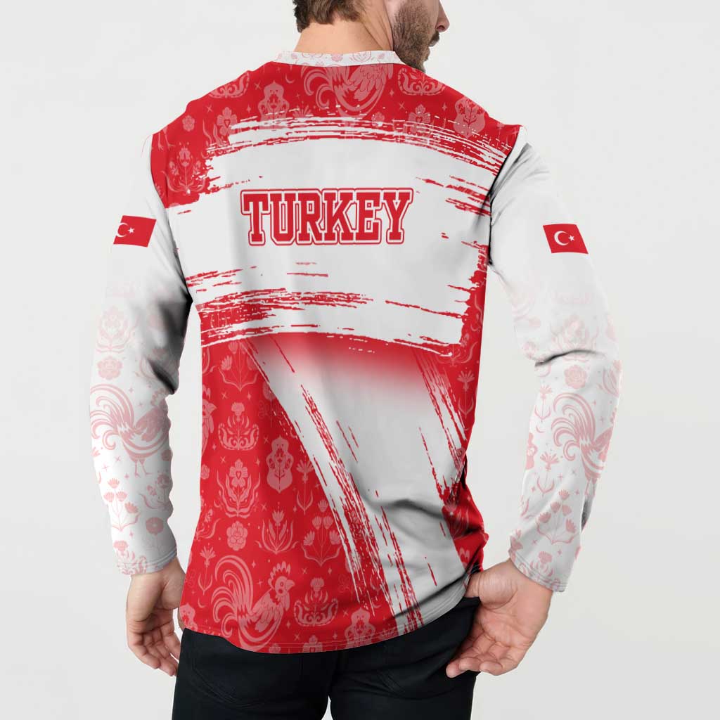 Turkey National Flag and Pattern Design Button Sweatshirt with Red Brush Stroke Effect