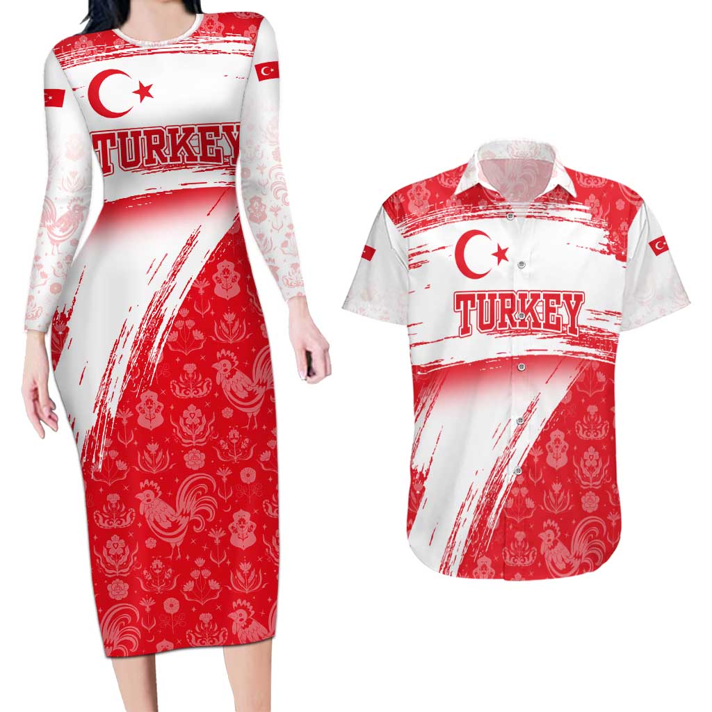 Turkey National Flag and Pattern Design Couples Matching Long Sleeve Bodycon Dress and Hawaiian Shirt with Red Brush Stroke Effect