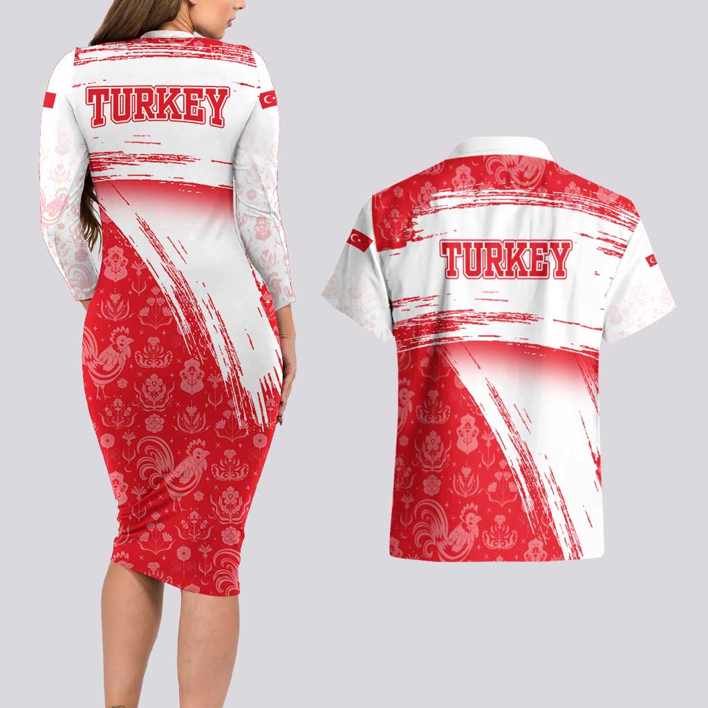Turkey National Flag and Pattern Design Couples Matching Long Sleeve Bodycon Dress and Hawaiian Shirt with Red Brush Stroke Effect