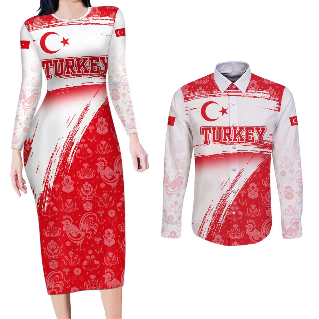 Turkey National Flag and Pattern Design Couples Matching Long Sleeve Bodycon Dress and Long Sleeve Button Shirt with Red Brush Stroke Effect