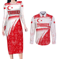 Turkey National Flag and Pattern Design Couples Matching Long Sleeve Bodycon Dress and Long Sleeve Button Shirt with Red Brush Stroke Effect