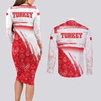 Turkey National Flag and Pattern Design Couples Matching Long Sleeve Bodycon Dress and Long Sleeve Button Shirt with Red Brush Stroke Effect