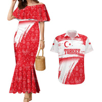 Turkey National Flag and Pattern Design Couples Matching Mermaid Dress and Hawaiian Shirt with Red Brush Stroke Effect