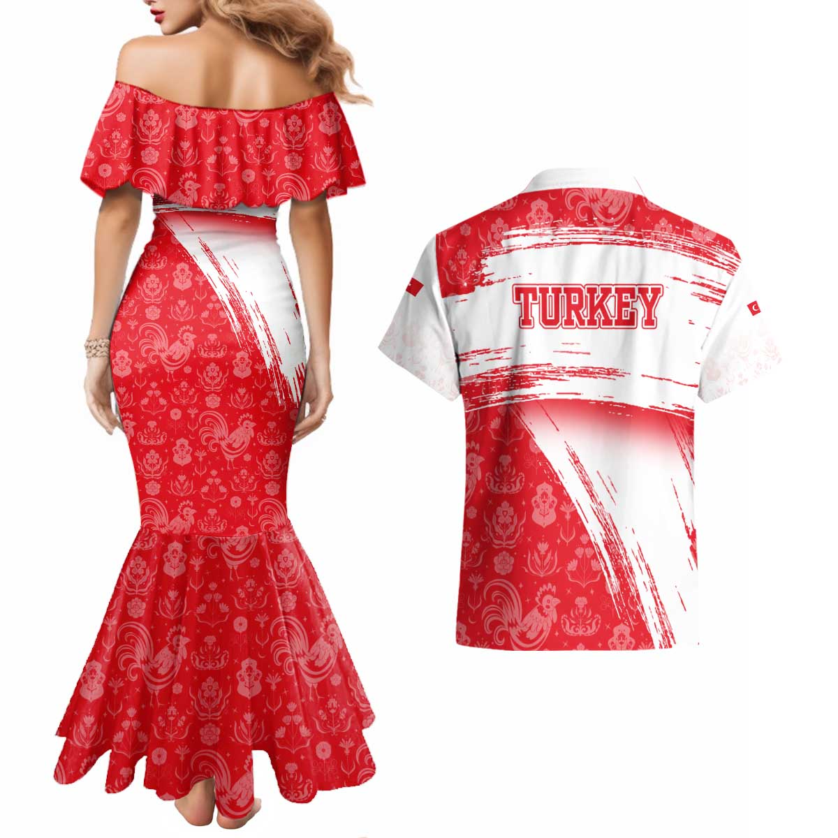 Turkey National Flag and Pattern Design Couples Matching Mermaid Dress and Hawaiian Shirt with Red Brush Stroke Effect