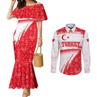 Turkey National Flag and Pattern Design Couples Matching Mermaid Dress and Long Sleeve Button Shirt with Red Brush Stroke Effect