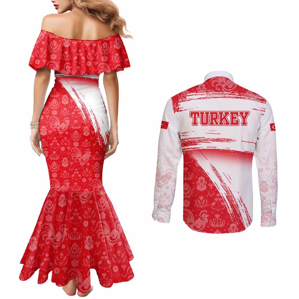 Turkey National Flag and Pattern Design Couples Matching Mermaid Dress and Long Sleeve Button Shirt with Red Brush Stroke Effect