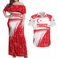 Turkey National Flag and Pattern Design Couples Matching Off Shoulder Maxi Dress and Hawaiian Shirt with Red Brush Stroke Effect