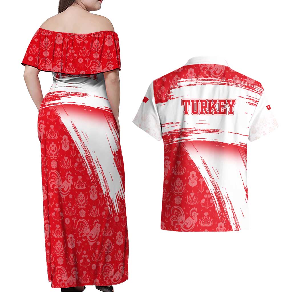 Turkey National Flag and Pattern Design Couples Matching Off Shoulder Maxi Dress and Hawaiian Shirt with Red Brush Stroke Effect