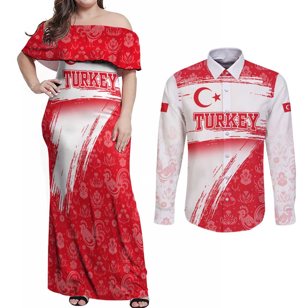 Turkey National Flag and Pattern Design Couples Matching Off Shoulder Maxi Dress and Long Sleeve Button Shirt with Red Brush Stroke Effect
