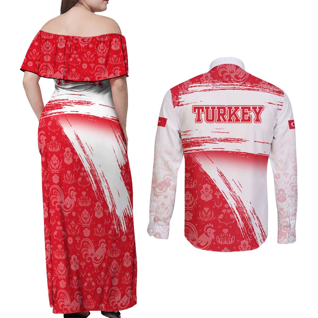 Turkey National Flag and Pattern Design Couples Matching Off Shoulder Maxi Dress and Long Sleeve Button Shirt with Red Brush Stroke Effect