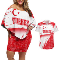 Turkey National Flag and Pattern Design Couples Matching Off Shoulder Short Dress and Hawaiian Shirt with Red Brush Stroke Effect