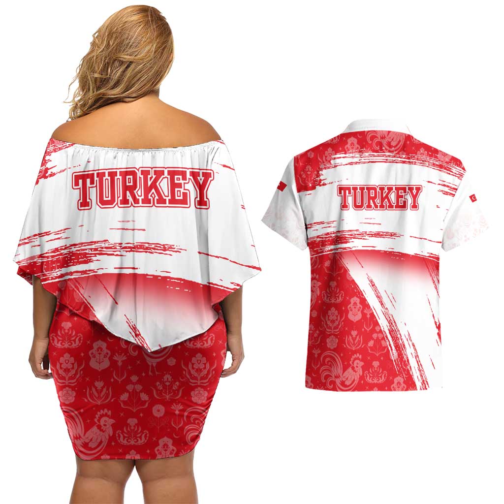 Turkey National Flag and Pattern Design Couples Matching Off Shoulder Short Dress and Hawaiian Shirt with Red Brush Stroke Effect