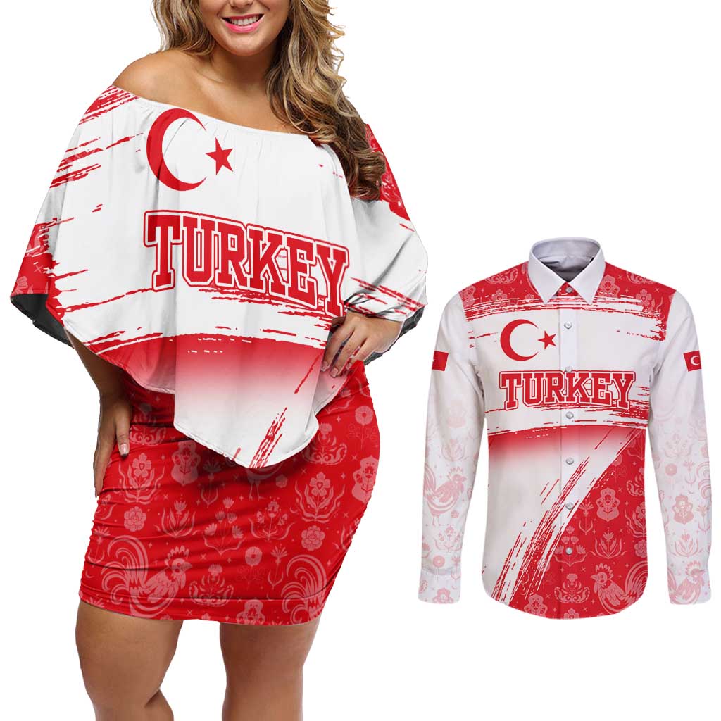 Turkey National Flag and Pattern Design Couples Matching Off Shoulder Short Dress and Long Sleeve Button Shirt with Red Brush Stroke Effect