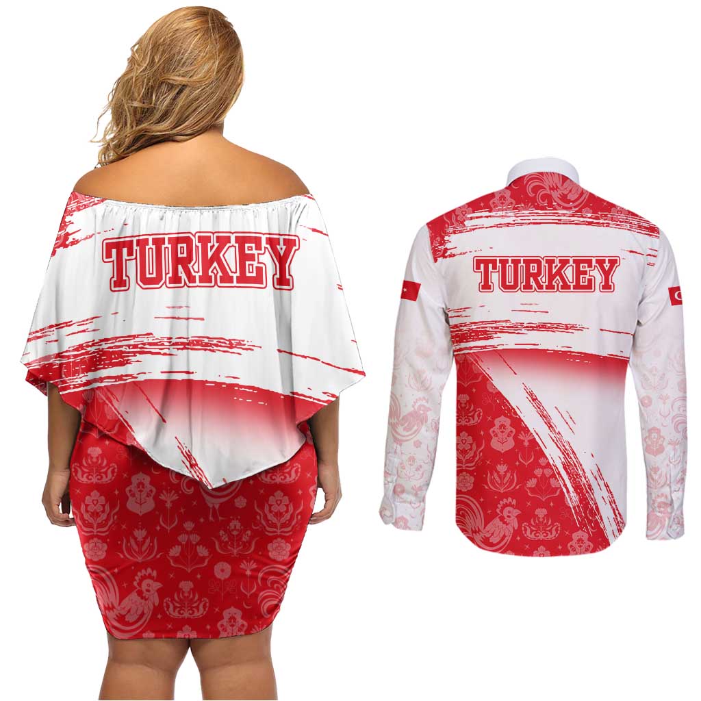 Turkey National Flag and Pattern Design Couples Matching Off Shoulder Short Dress and Long Sleeve Button Shirt with Red Brush Stroke Effect
