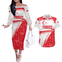Turkey National Flag and Pattern Design Couples Matching Off The Shoulder Long Sleeve Dress and Hawaiian Shirt with Red Brush Stroke Effect