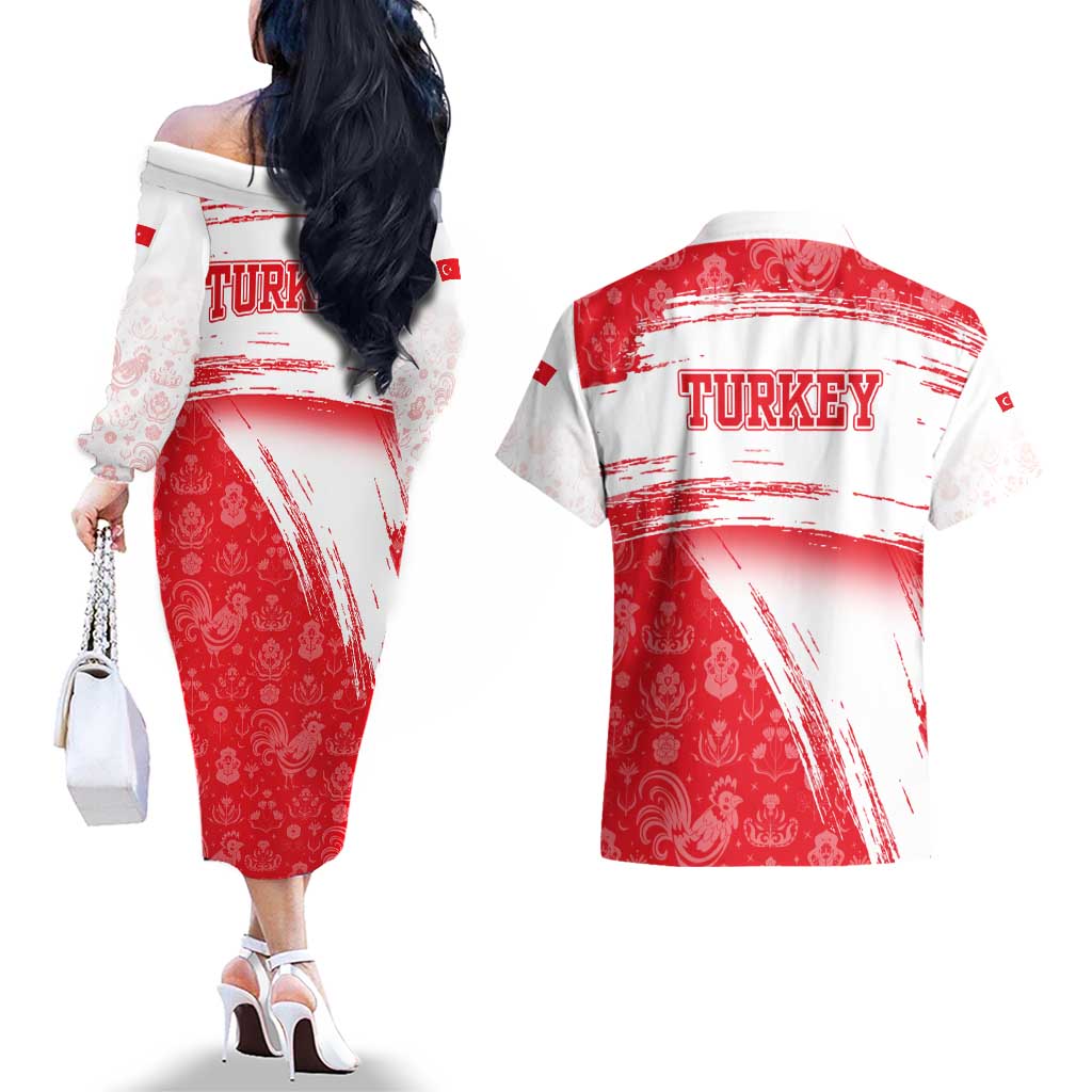 Turkey National Flag and Pattern Design Couples Matching Off The Shoulder Long Sleeve Dress and Hawaiian Shirt with Red Brush Stroke Effect