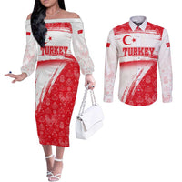Turkey National Flag and Pattern Design Couples Matching Off The Shoulder Long Sleeve Dress and Long Sleeve Button Shirt with Red Brush Stroke Effect