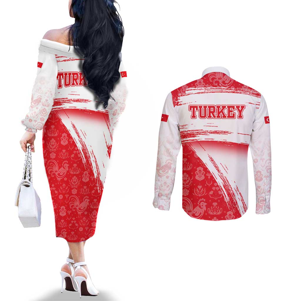 Turkey National Flag and Pattern Design Couples Matching Off The Shoulder Long Sleeve Dress and Long Sleeve Button Shirt with Red Brush Stroke Effect