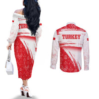 Turkey National Flag and Pattern Design Couples Matching Off The Shoulder Long Sleeve Dress and Long Sleeve Button Shirt with Red Brush Stroke Effect