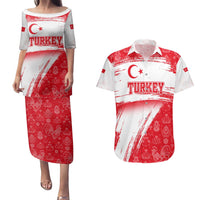 Turkey National Flag and Pattern Design Couples Matching Puletasi and Hawaiian Shirt with Red Brush Stroke Effect