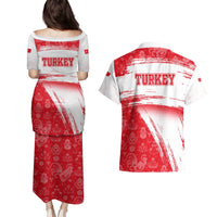 Turkey National Flag and Pattern Design Couples Matching Puletasi and Hawaiian Shirt with Red Brush Stroke Effect