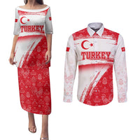 Turkey National Flag and Pattern Design Couples Matching Puletasi and Long Sleeve Button Shirt with Red Brush Stroke Effect